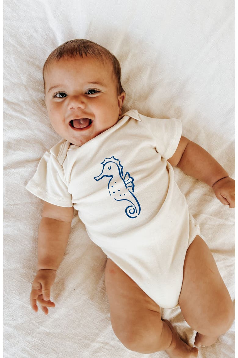 Seahorse Organic Cotton Baby Bodysuit, Alternate, color, Natural with Nautical Blue