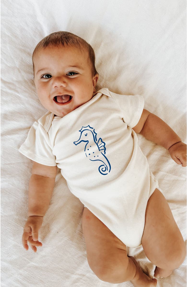 Tenth & Pine Seahorse Organic Cotton Baby Bodysuit, Alternate, color, Natural With Nautical Blue