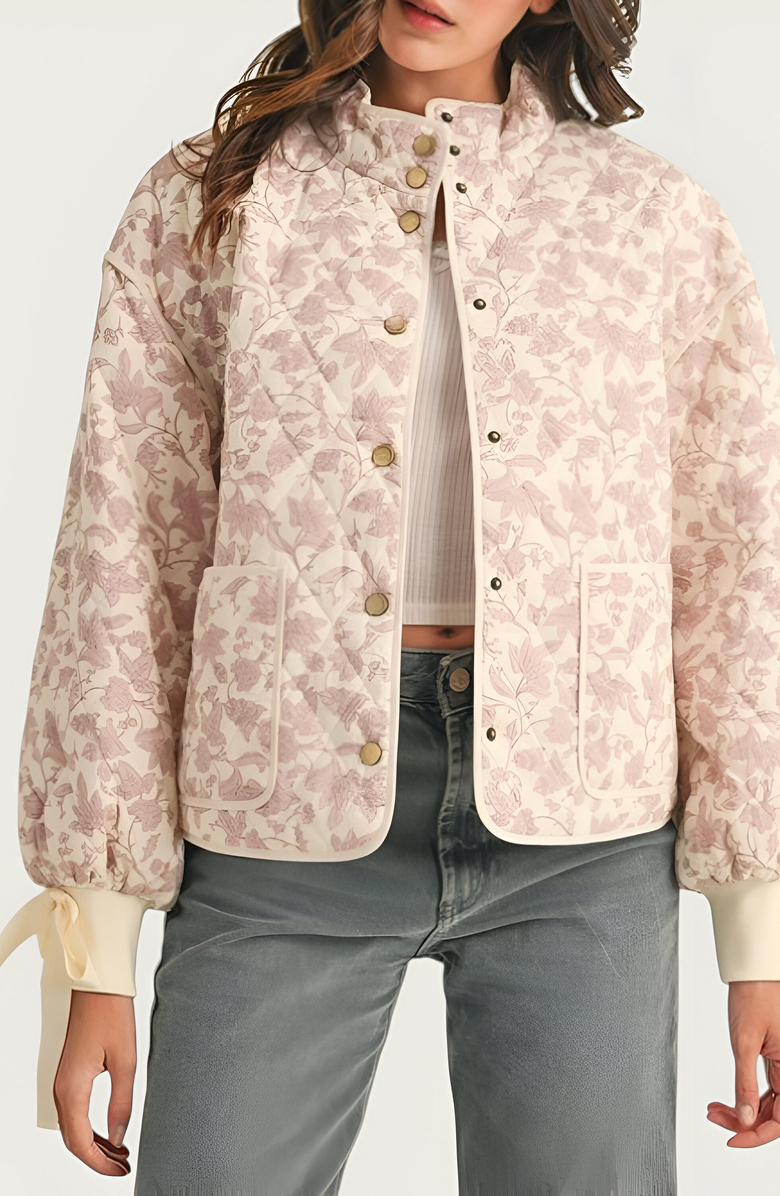 Modenaire Floral Quilted Jacket with Puff Sleeves and Satin Bow Cuffs, Alternate, color, Light Pink Floral