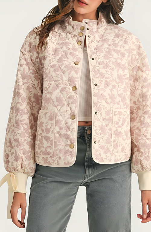 Modenaire Floral Quilted Jacket With Puff Sleeves And Satin Bow Cuffs In Metallic