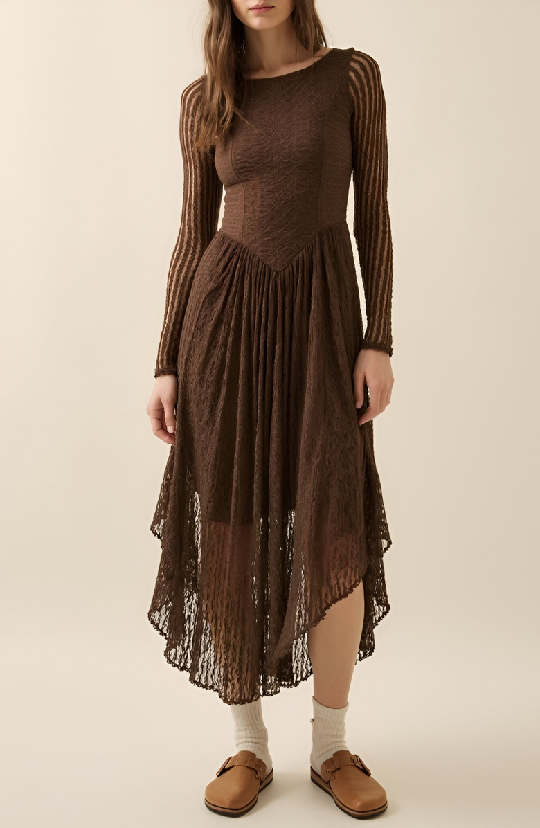 Modenaire Mixed-Lace Paneled Boat-Neck Drop-Waist Midi Dress, Alternate, color, 