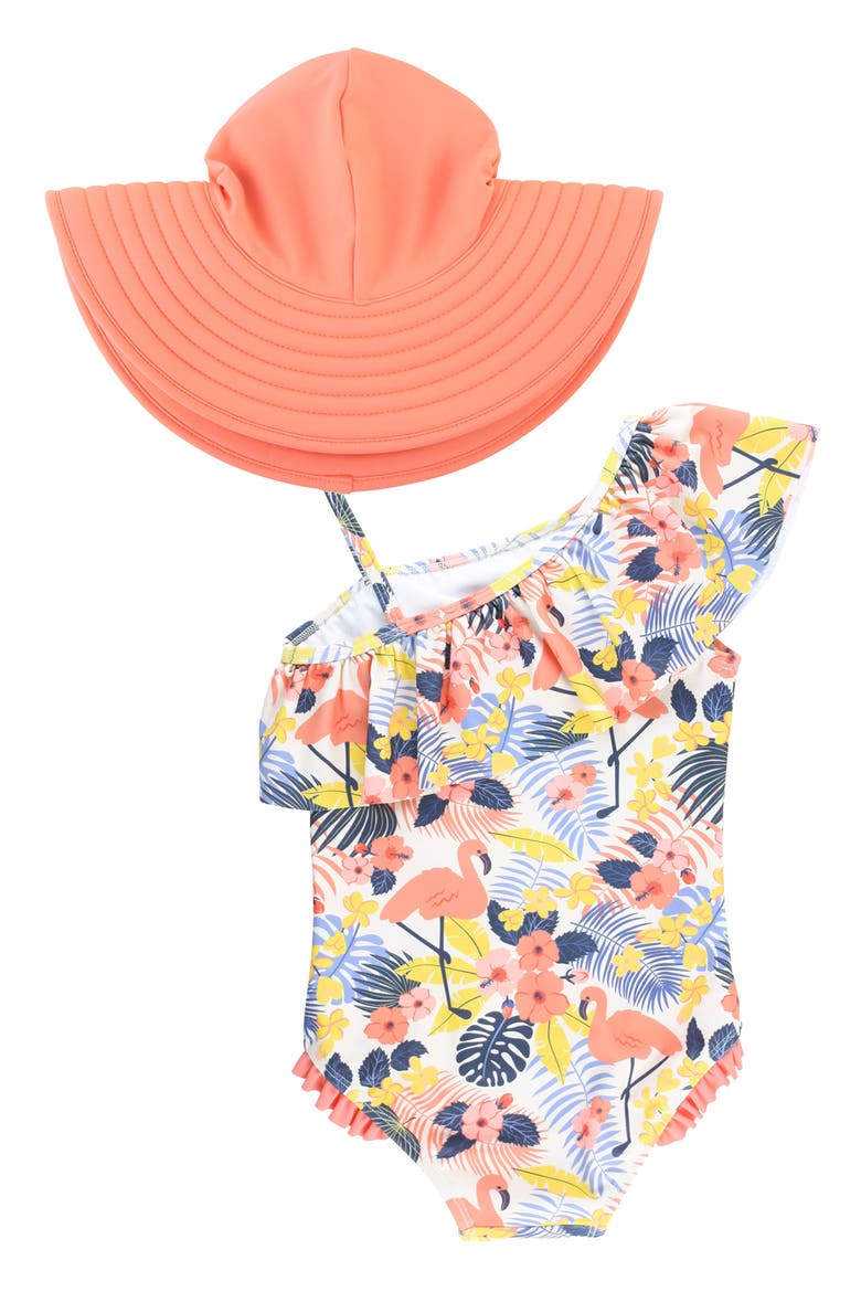 Tropical Flamingo One-Piece Swimsuit & Hat Set, Alternate, color, ORANGE