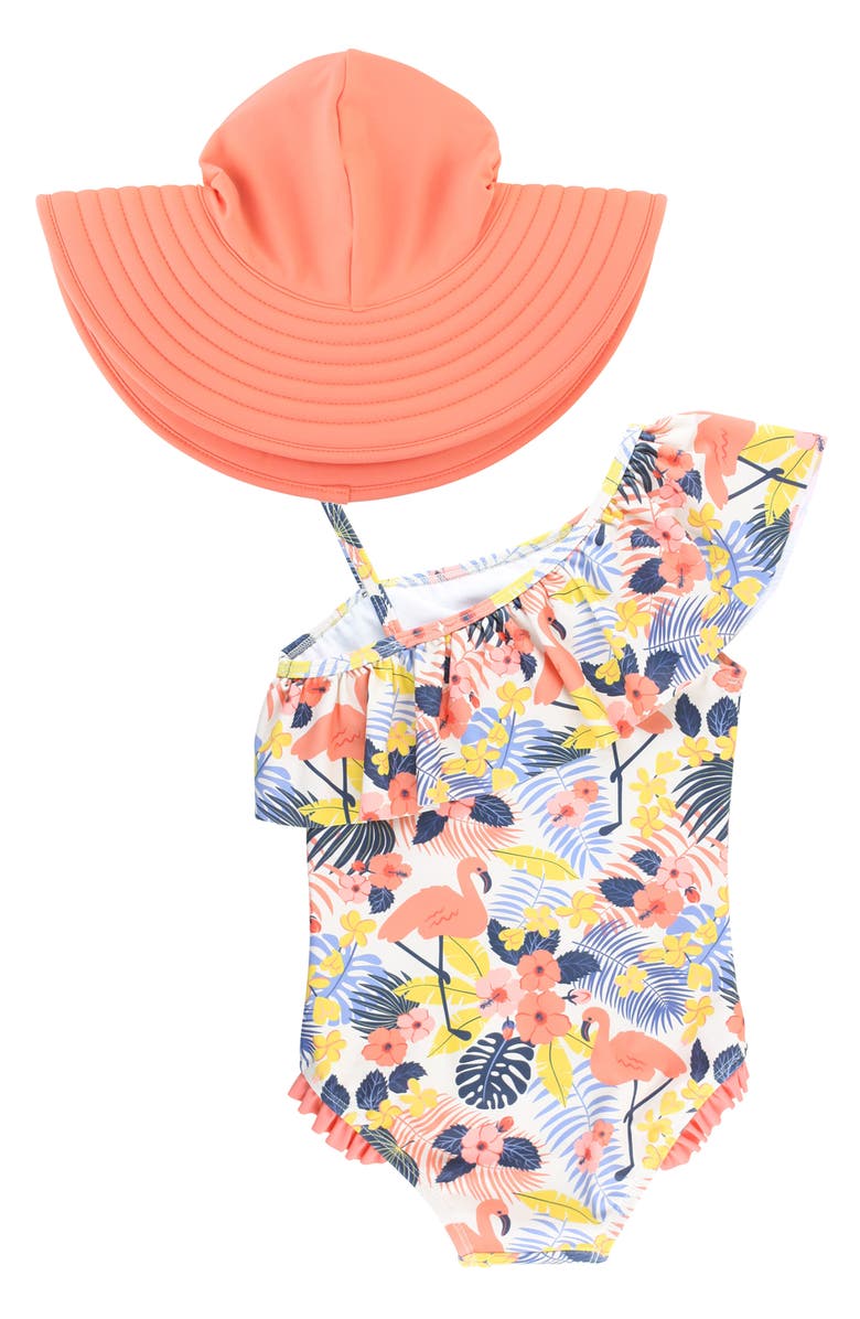 RuffleButts Tropical Flamingo One-Piece Swimsuit & Hat Set, Alternate, color,