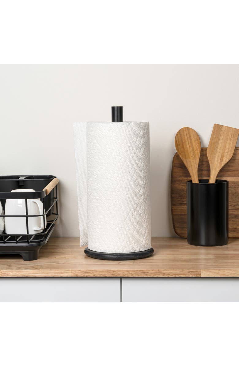 HAPPIMESS Avery Modern Classic Metal with Non Slip Weighted Marble Base Paper Towel Holder, Alternate, color, Black / Black Marble