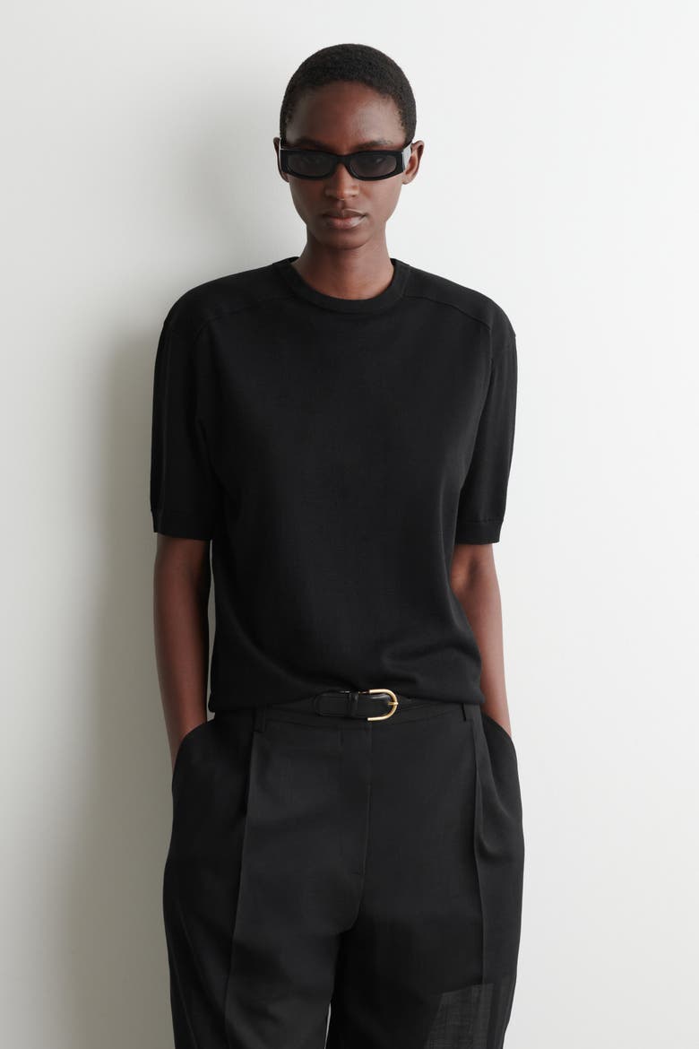 Sculpted Silk-cotton T-shirt, Main, color, BLACK