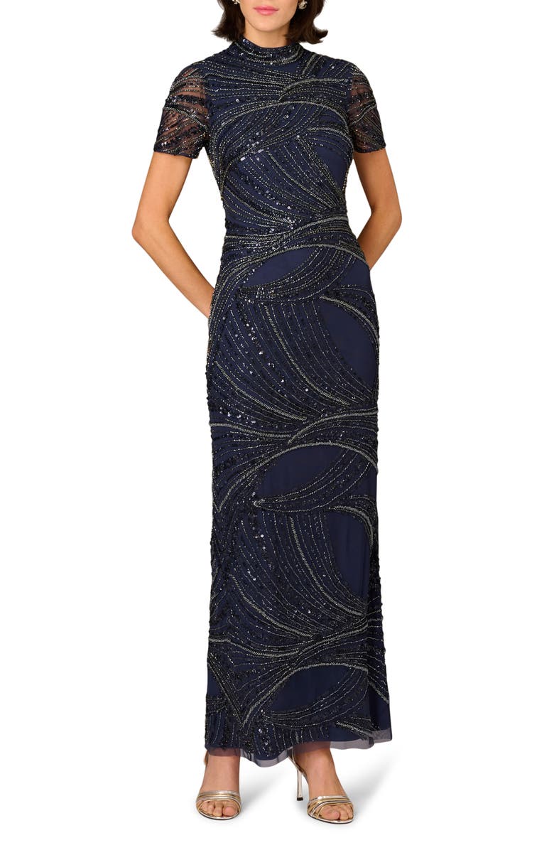 Aidan Mattox Beaded Short Sleeve Gown, Main, color,