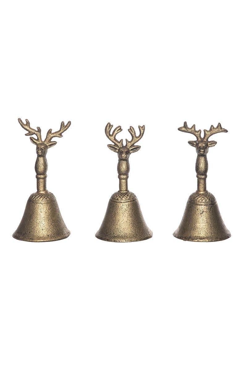 Transpac Cast Iron Brass Reindeer Bell Set of 3 Decorative Figurines, Main, color, Gold