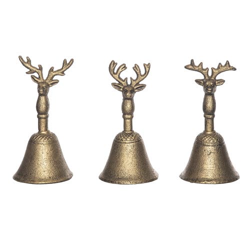 Transpac Cast Iron Brass Reindeer Bell Set Of 3 Decorative Figurines In Gold