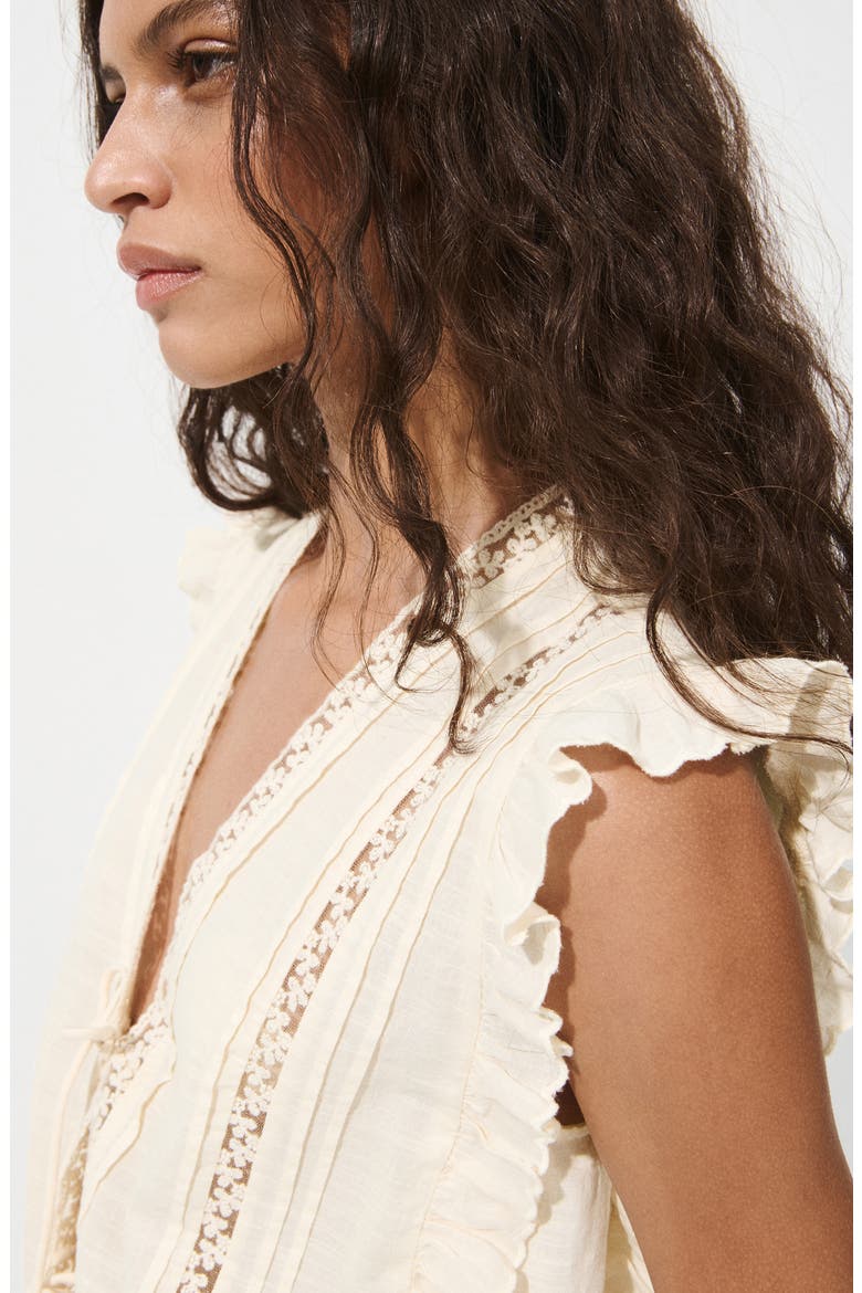Tie Front Ruffled Lace Trim Top, Alternate, color, ECRU