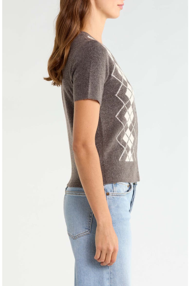 Argyle Short Sleeve Sweater, Alternate, color, HOT FUDGE HTR