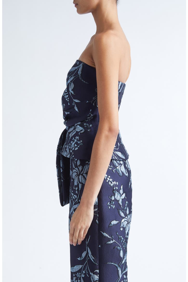 Metallic Floral Brocade Strapless Cascade Top, Alternate, color, NAVY