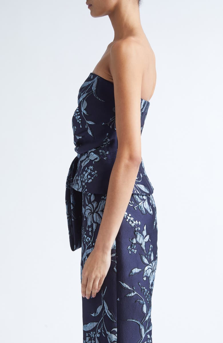 Lela Rose Metallic Floral Brocade Strapless Cascade Top, Alternate, color, Navy