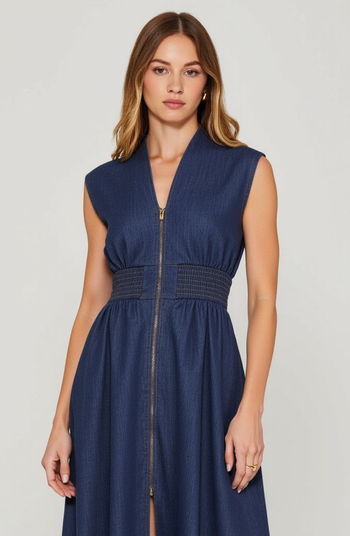 Zip Front Sleeveless Denim Midi Dress with Smocked Waist Detail