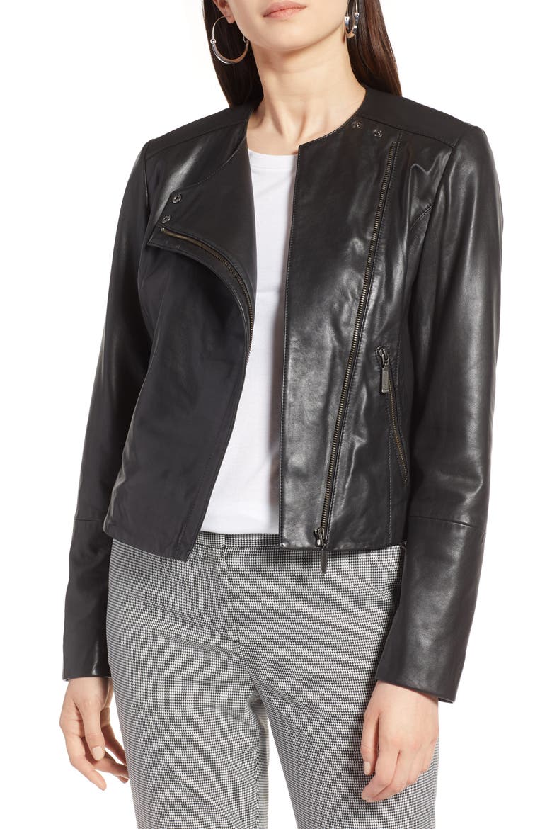 Collarless Leather Jacket, Main, color, BLACK