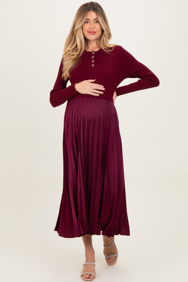 Collared Knit Contrast Pleated Skirt Midi Dress, Main, color, Burgundy