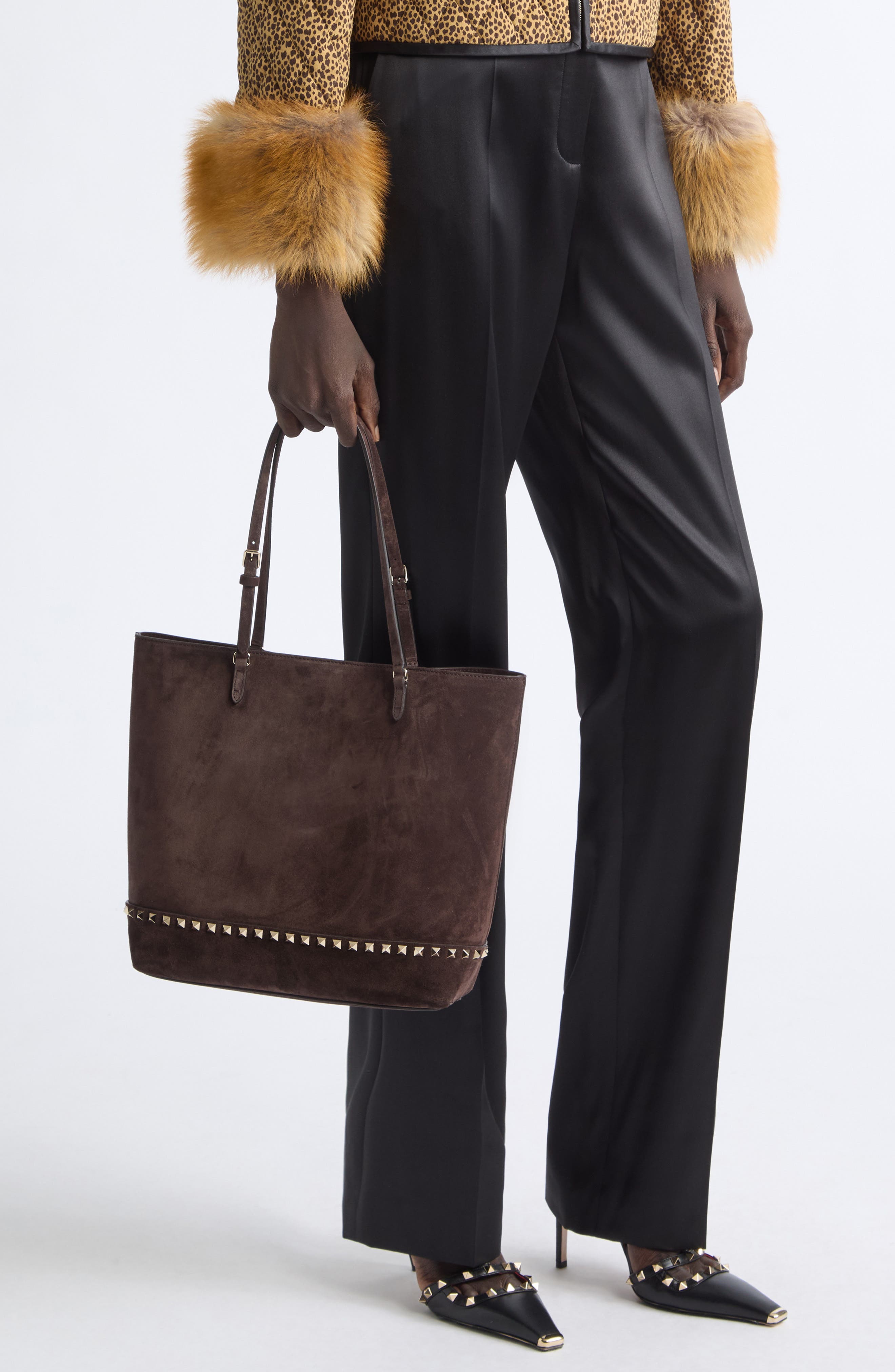 Medium Rockstud Suede Tote, Alternate, color, BROWN