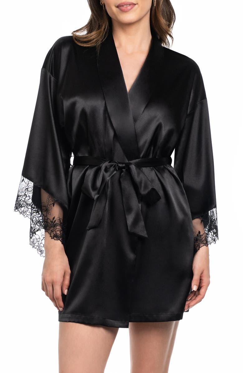 In Bloom by Jonquil Tasha Embroidered Lace Trim Satin Wrap, Main, color, Black