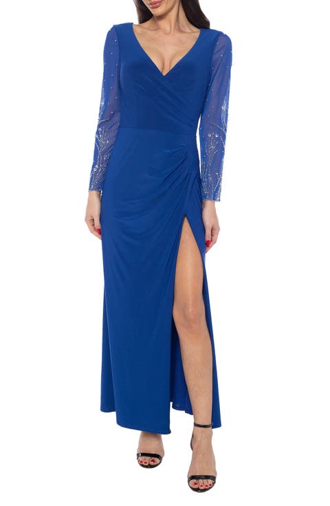 Crystal Embellished Long Sleeve Faux Wrap Gown