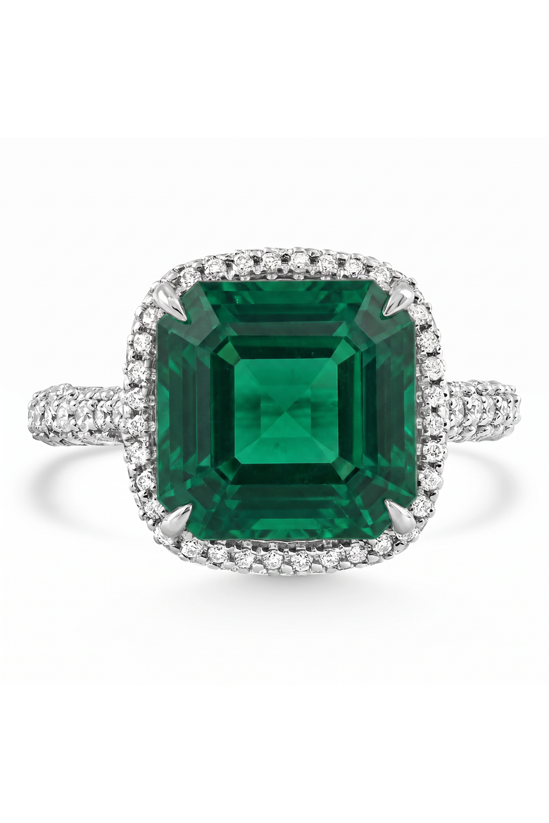 5.50Ct TW Emerald Asscher Cut & Pave Diamond Ring 14k Gold Lab Grown, Alternate, color, 14k White Gold