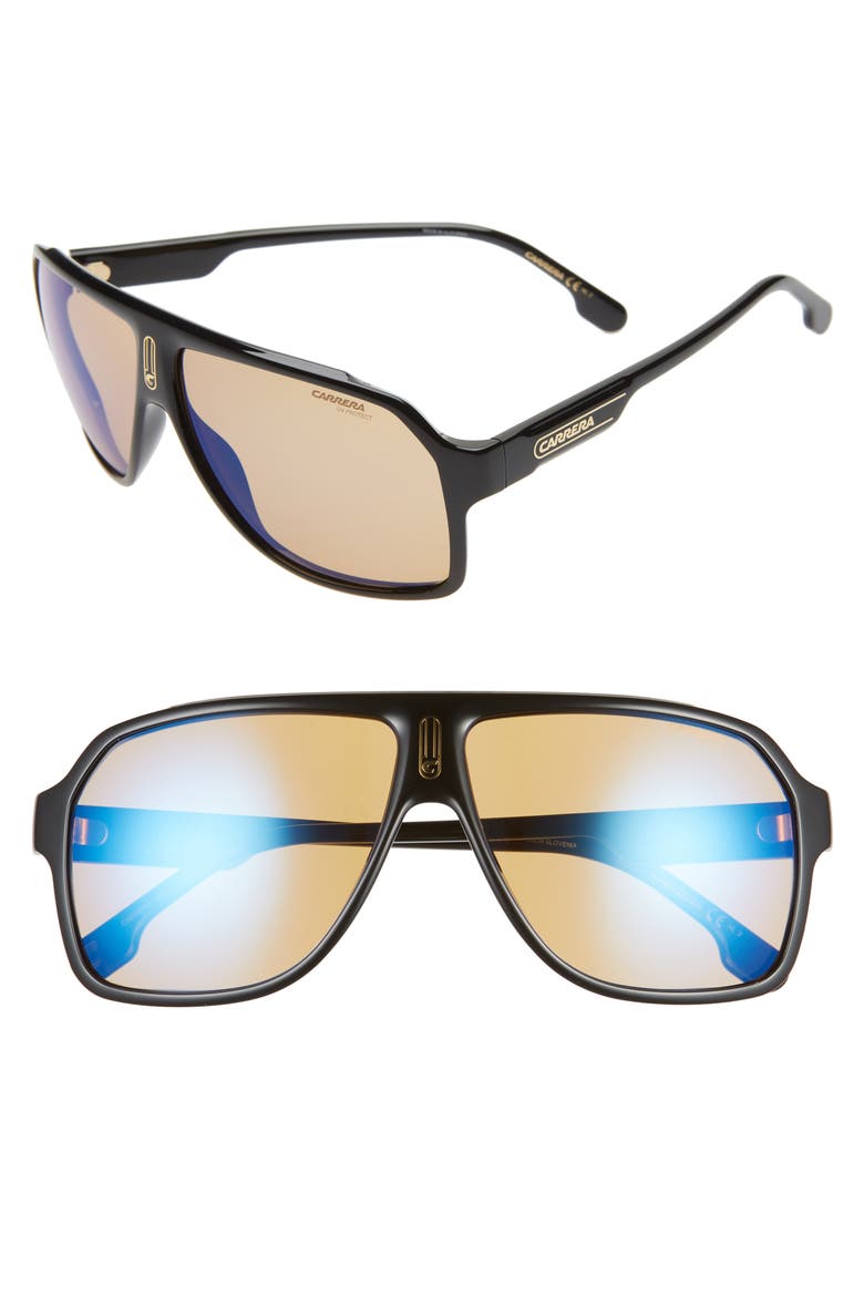 62mm Oversize Polarized Flat Top Aviator Sunglasses, Main, color, BLACK/ YELLOW