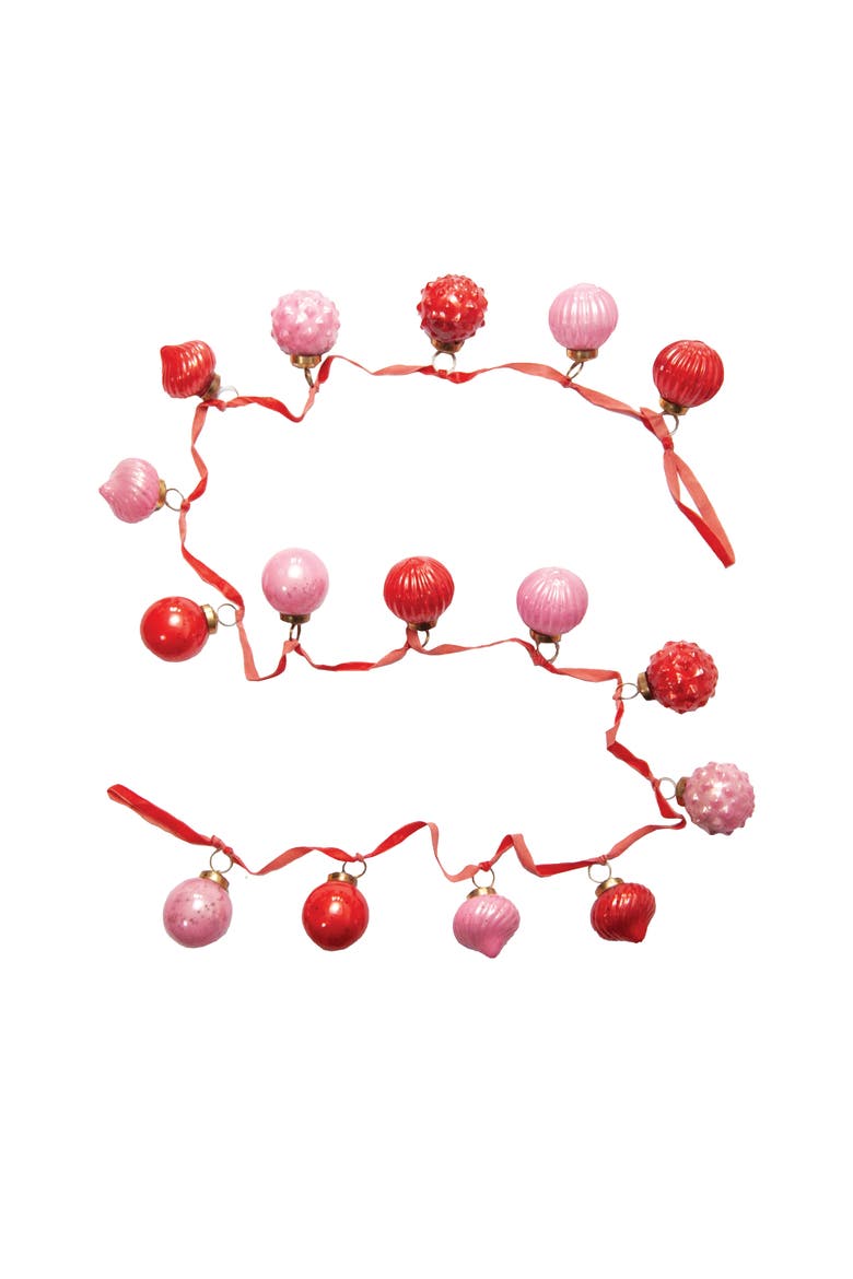 Embossed Mercury Glass Ornament Garland with Velvet Ribbon, Pink and Red, Main, color, Pink