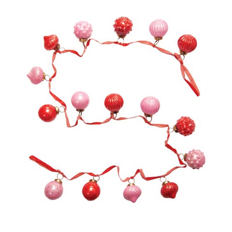 Embossed Mercury Glass Ornament Garland with Velvet Ribbon, Pink and Red