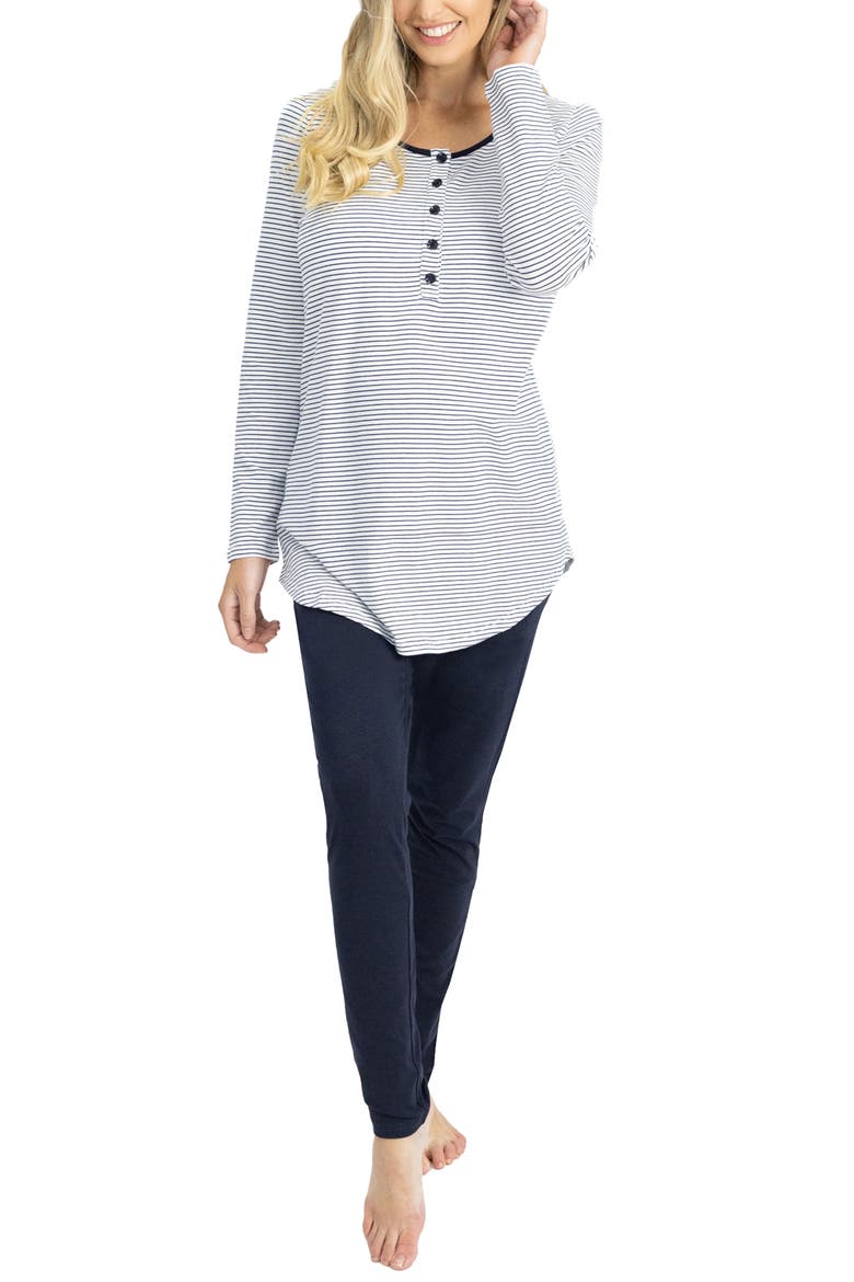 Long Sleeve Top & Lounge Pants Maternity/Nursing Set, Main, color, WHITE NAVY STRIPES