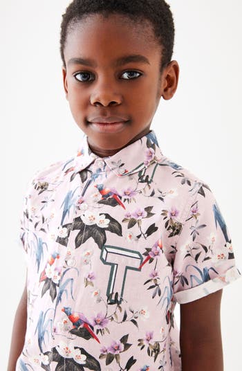 Kids' Floral Short Sleeve Linen Blend Button-Down Shirt & Stretch Cotton Shorts Set