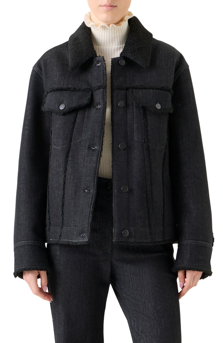 Akris punto Faux Fur Lined Denim Trucker Jacket, Main, color, Black Denim-Black