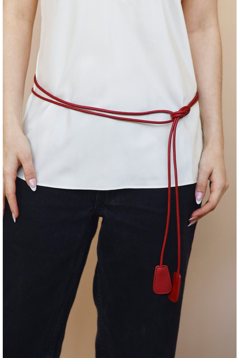 Tab Accent Faux Leather Tie Belt, Alternate, color, RED