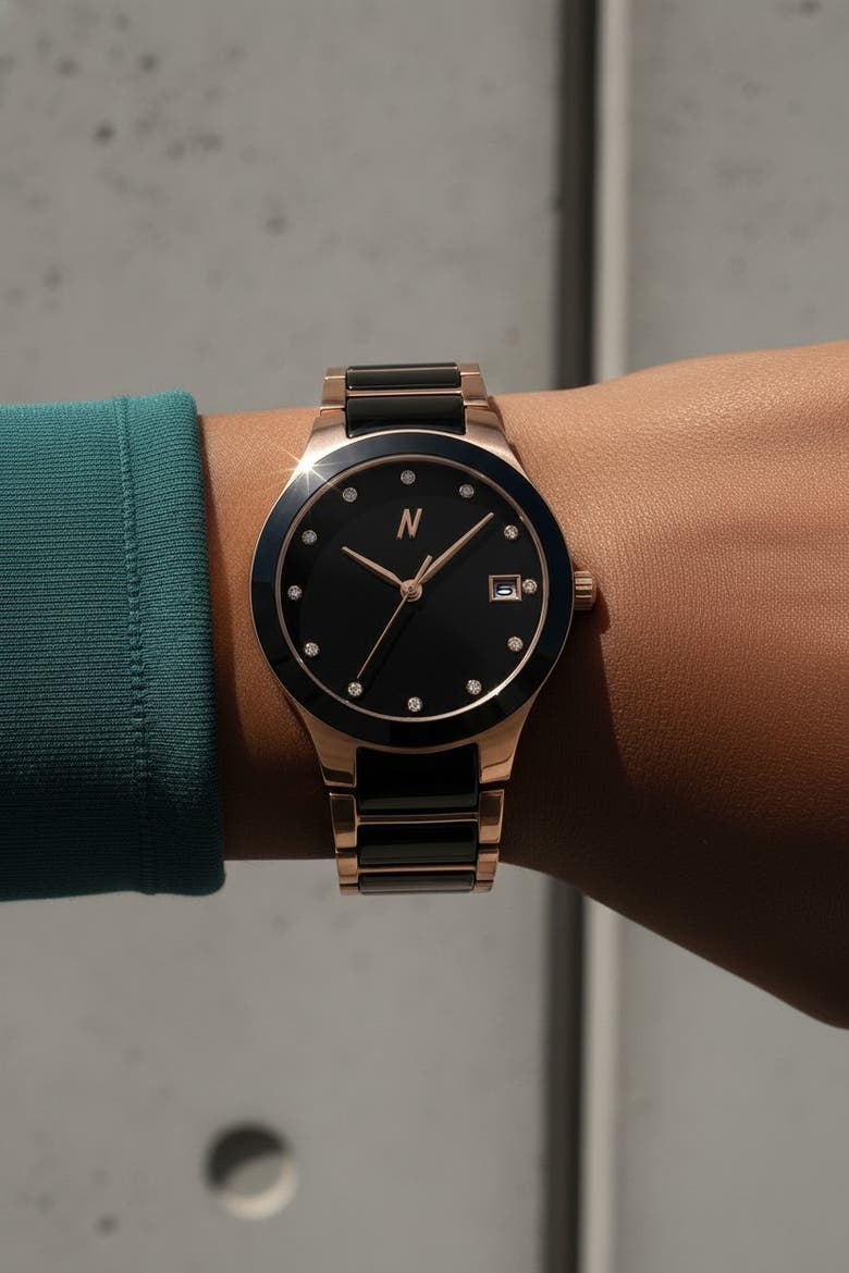 Petite Link Miracle Ceramic Bracelet Watch, 34MM, Alternate, color, Brilliant Black/ Rose Gold