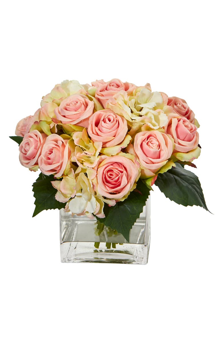 NEARLY NATURAL Rose and Hydrangea Bouquet Artificial Arrangement in Vase, Main, color, Pink