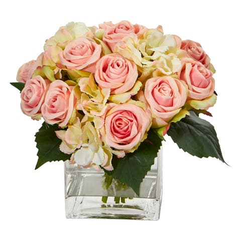Rose and Hydrangea Bouquet Artificial Arrangement in Vase