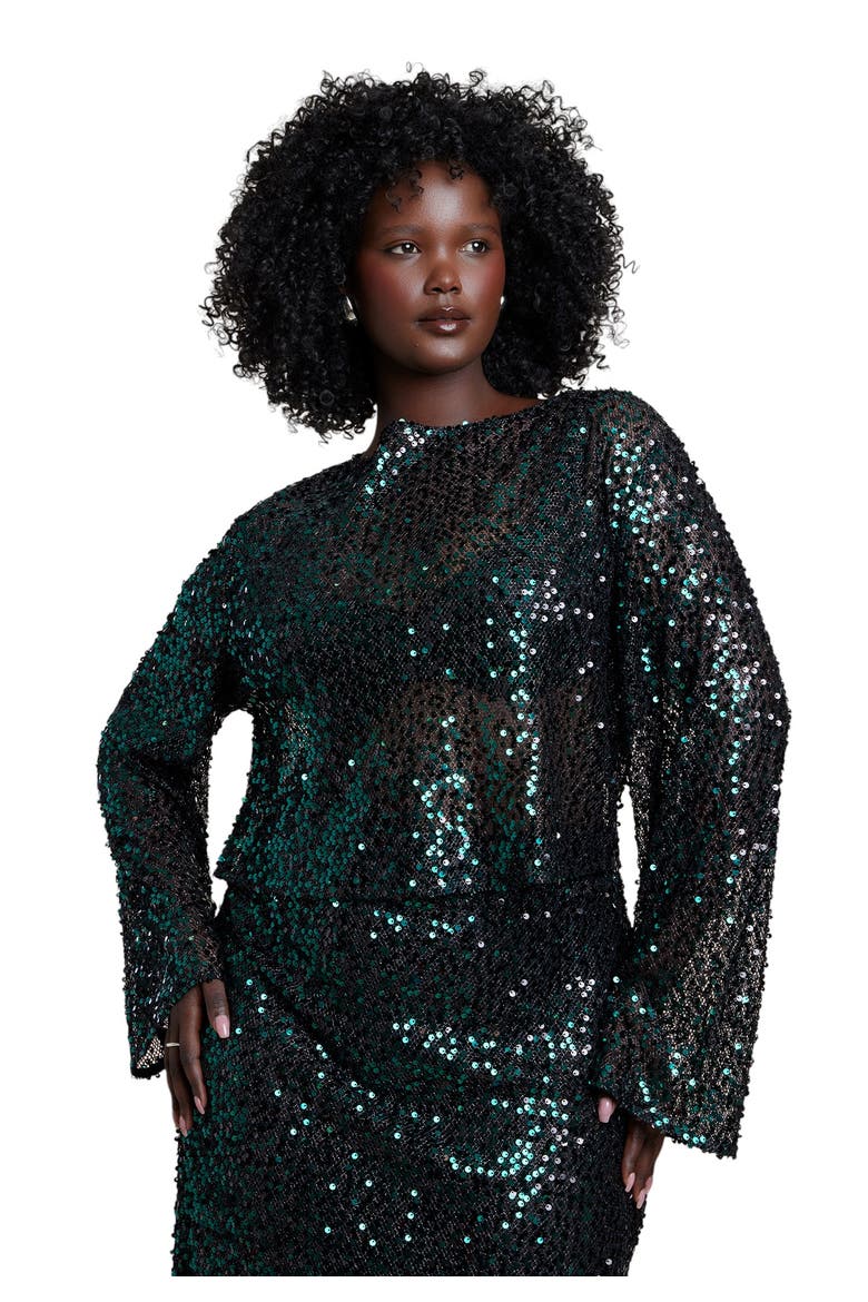 Boat Neck Sequin Crop Top, Main, color, FOREST BIOME