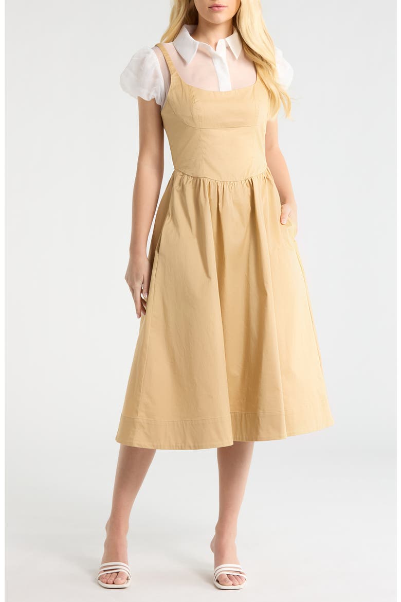 Carrington Mixed Media Midi Dress, Main, color, KHAKI WHITE