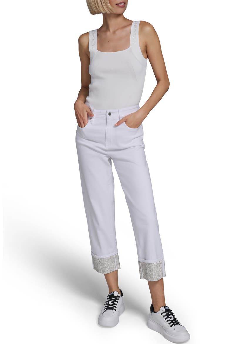 Rhinestone Cuff Ankle Straight Leg Jeans, Alternate, color, WHITE DENIM