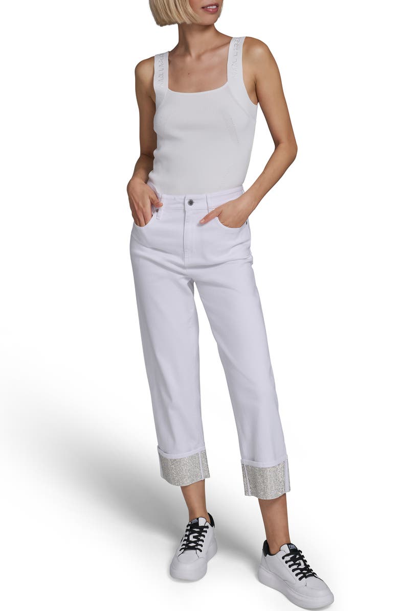 KARL LAGERFELD PARIS Rhinestone Cuff Ankle Straight Leg Jeans, Alternate, color, White Denim