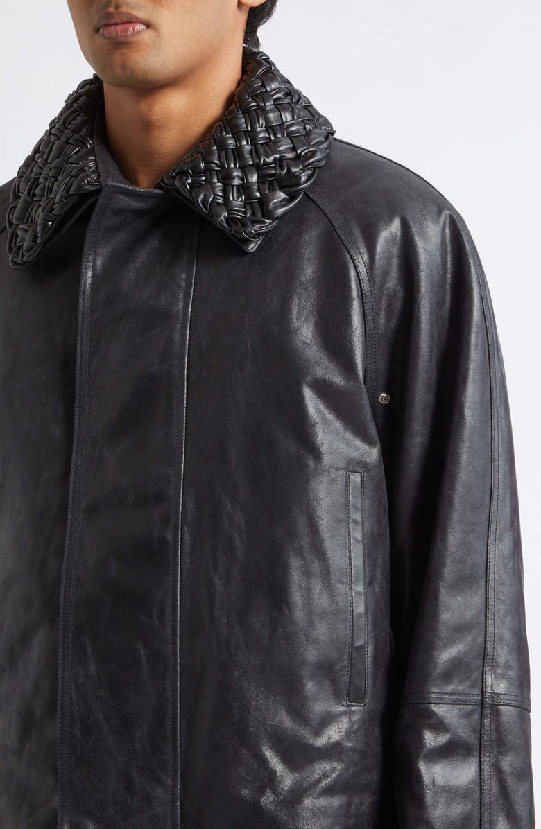 Bottega Veneta Intrecciato Collar Crackled Leather Jacket, Alternate, color, 1010 Double Black