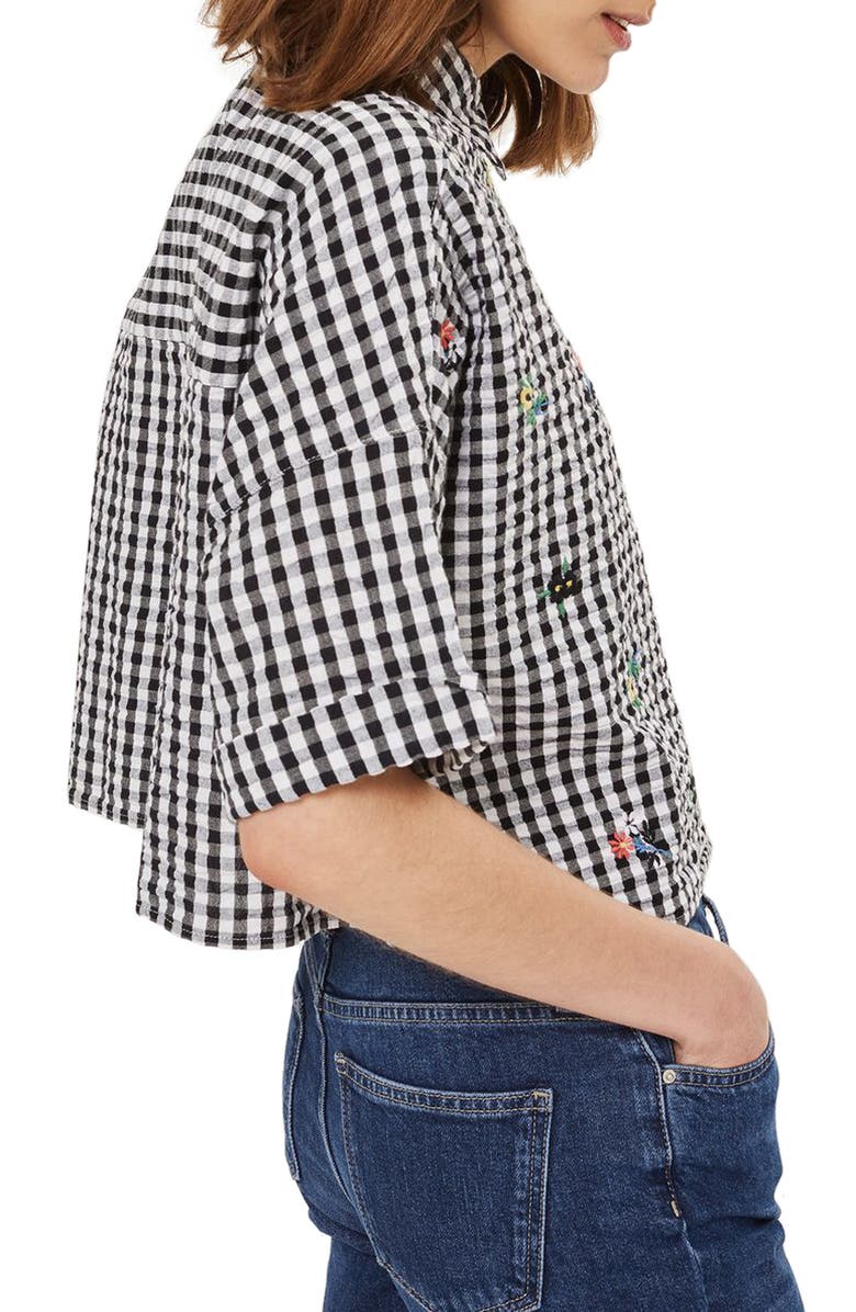 Topshop Kady Embroidered Gingham Shirt, Alternate, color,