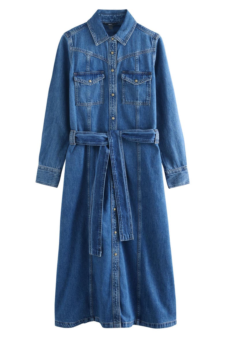 Western Tie Waist Denim Midi Dress, Alternate, color, DENIM DARK BLUE