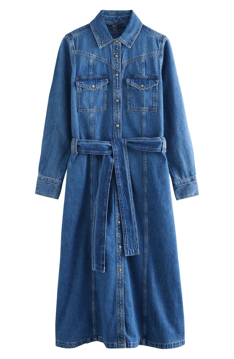 NEXT Western Tie Waist Denim Midi Dress, Alternate, color, Denim Dark Blue