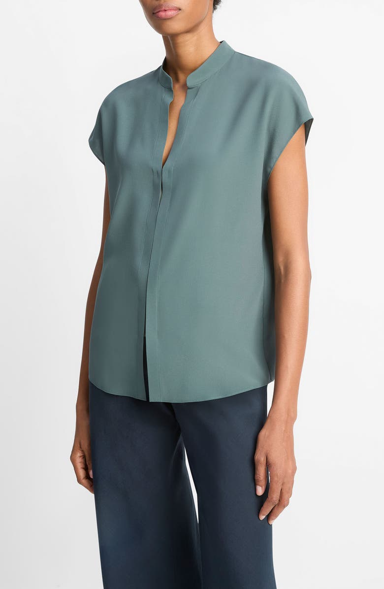 Vince Cap Sleeve Silk Blend Top, Alternate, color, Teal Stone/ Clay Sage