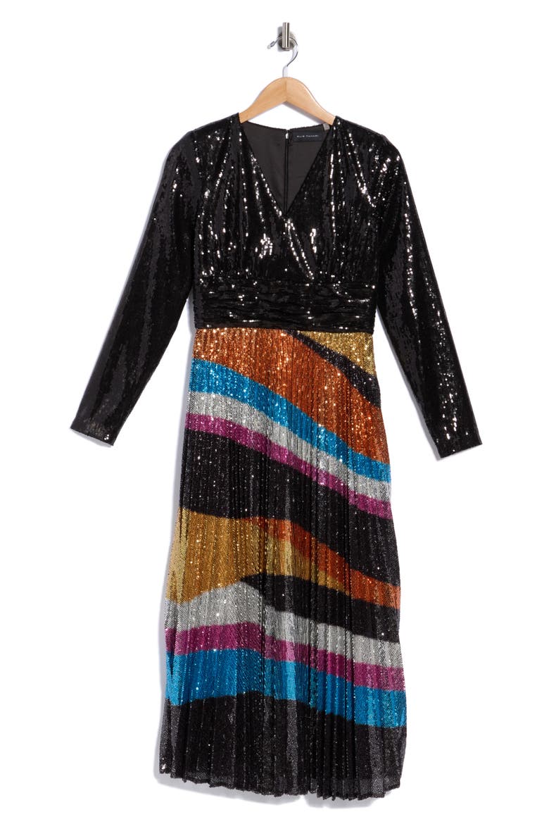 Agatha Sequin Pleated Midi Dress, Alternate, color, NOIR/ MULTI METALLIC