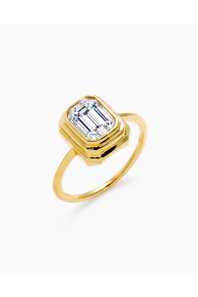 Moissanite Double Bezel Emerald Ring, Main, color, Gold