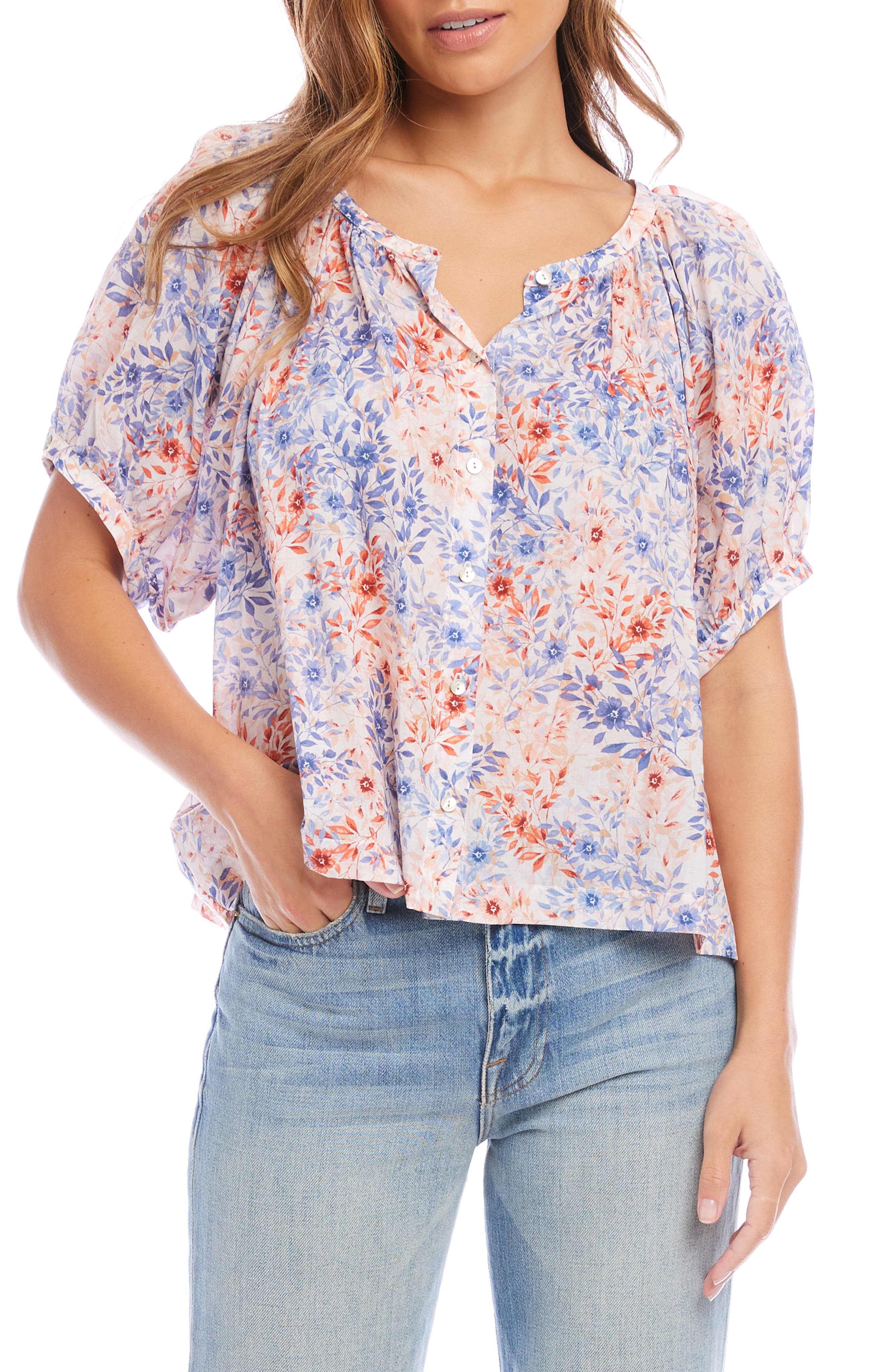 Floral Cotton Button-Up Peasant Top