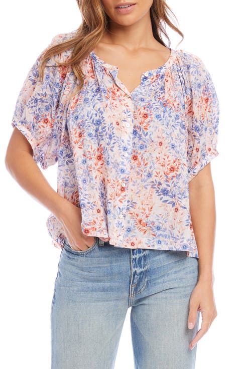 Floral Cotton Button-Up Peasant Top