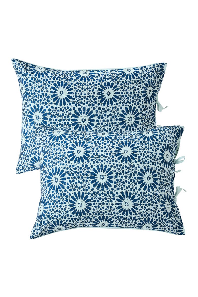 Flower Burst Handstitched Kantha Set of 2 Cotton Shams, Main, color, INDIGO