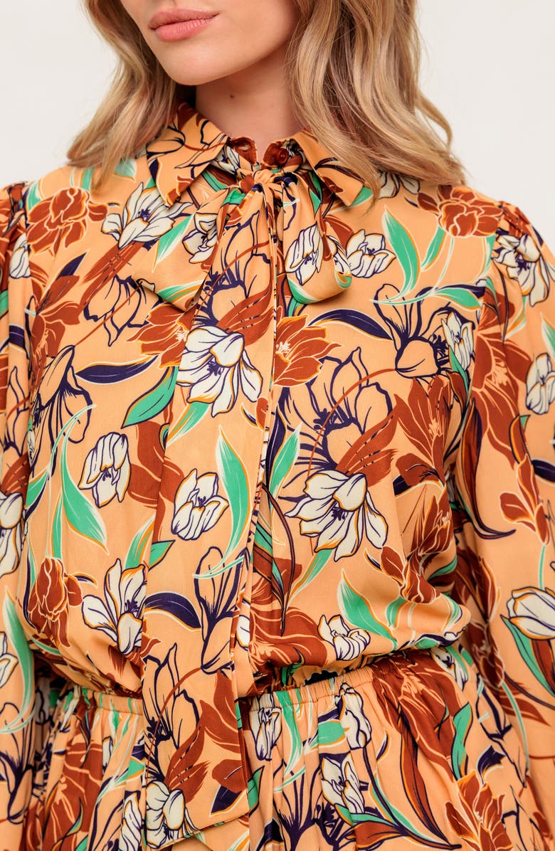 FLYING TOMATO Floral Long Sleeve Minidress, Alternate, color, Taupe Brown