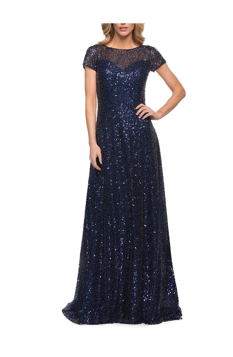 La Femme Stunning Beaded Gown with Short Sleeves, Main, color, Navy