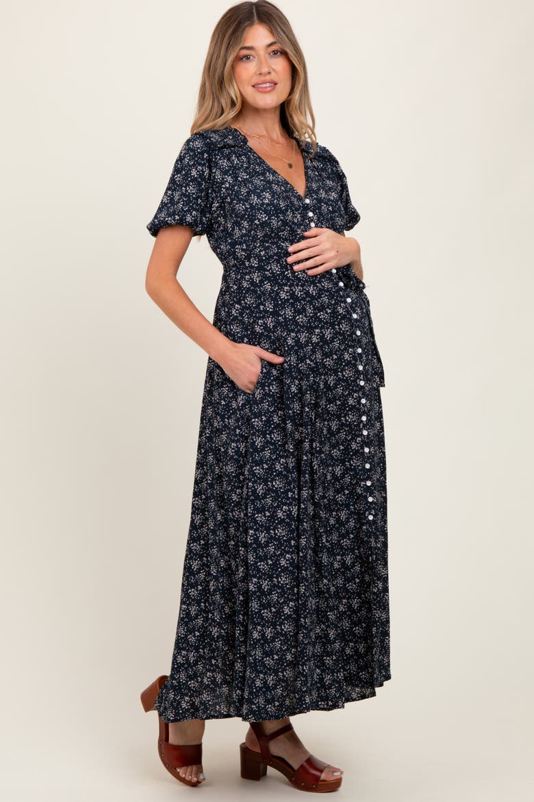 Floral Button Down Maternity Dress, Alternate, color, Navy Blue